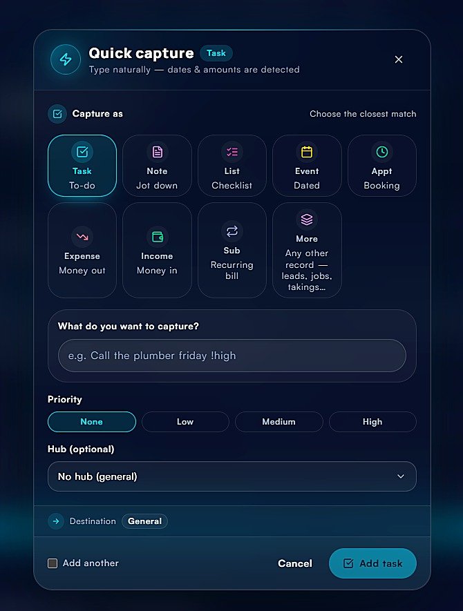 Quick Capture — type naturally, dates and amounts detected