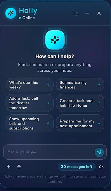 Holly, the built-in assistant, drafting an update to confirm